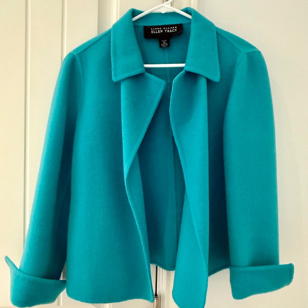Ellen Tracy Blazer Women 10P Turquoise Wool Cropped Minimalist